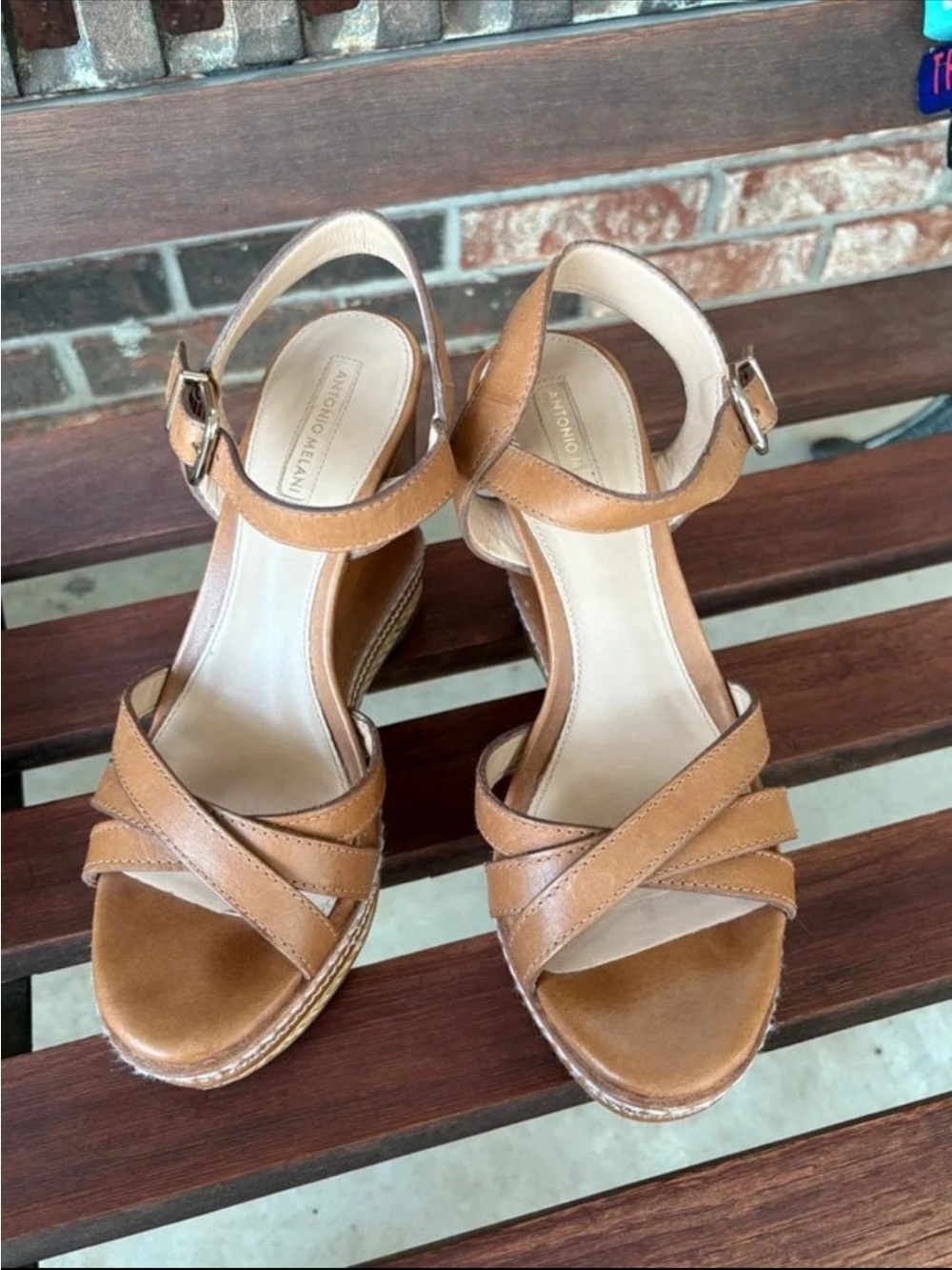 ANTONIO MELANI Tan Leather Crisscross Wedge Sandals